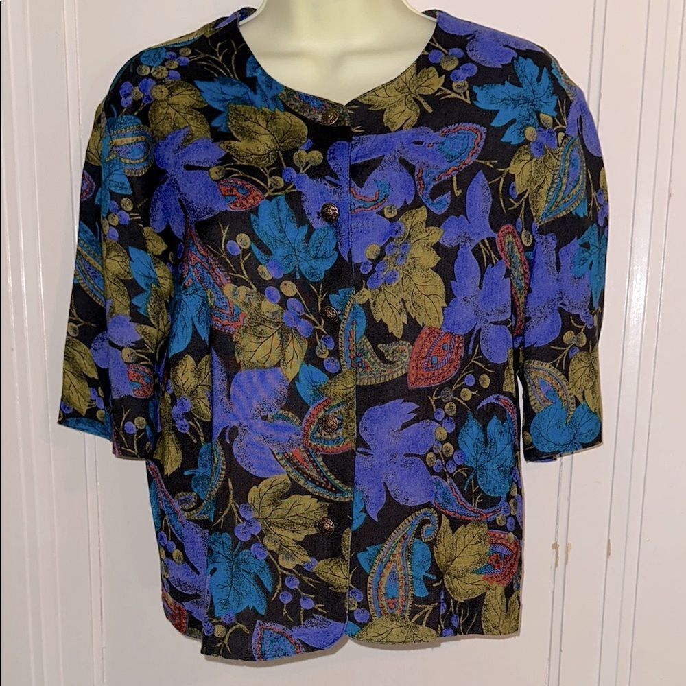 Vintage 80s Norton McNaughton Teal, Purple, Gold‎ & Orange Paisley Leaf Top